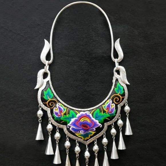 None Jewelry - Ethnic Tribal Embroidered Rose Silver Necklace | Tibetan Charm Pendant Bells